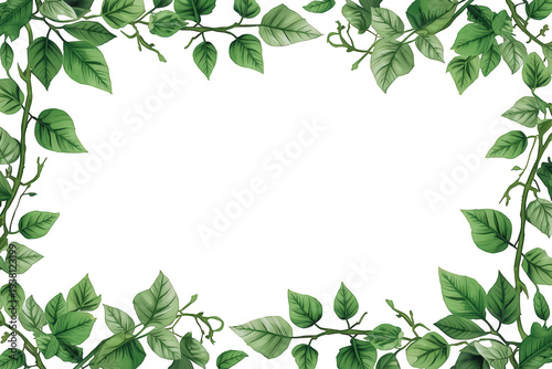 Lush green leaves and climbing vines forming a natural border frame, transparent background for botanical design