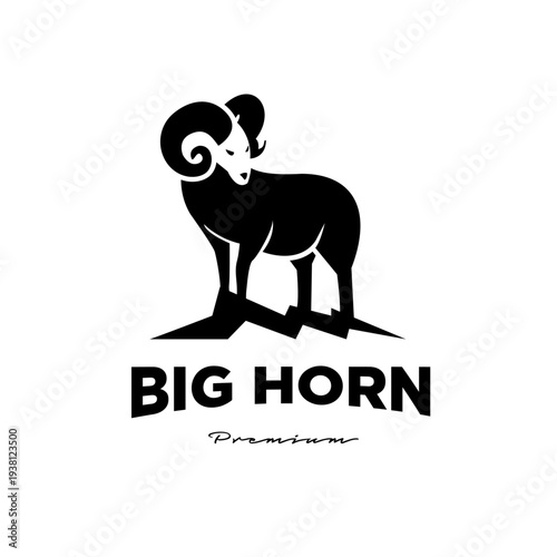 Stylized Big Horn Ram Logo Silhouette Standing on Jagged Mountain Peaks