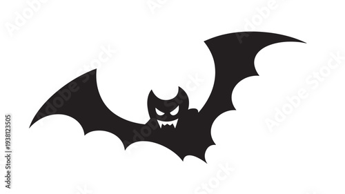 Bat black icon with sharp teeth and glowing white eyes, spread wings for Halloween spooky night. featuring silhouette, flying, monster with creature