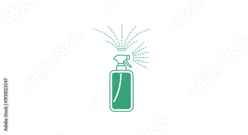 Simple green line art illustration of a spray bottle dispensing liquid.