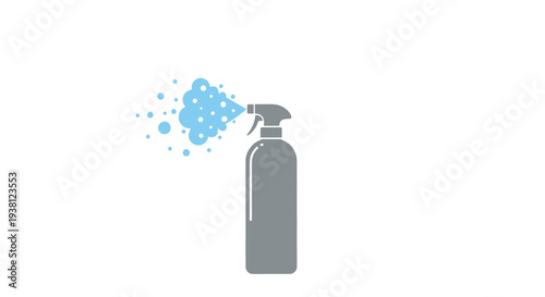 Gray spray bottle with mist on white background.