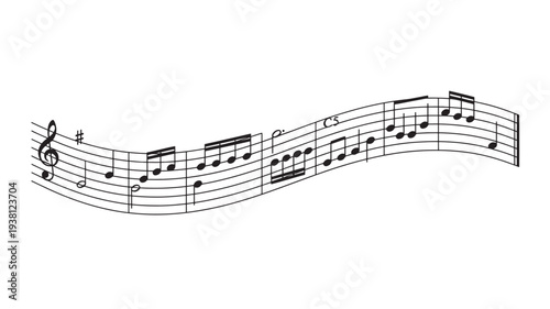 Musical notes and symbols on a staff with a treble clef and sharps are depicted in a flowing line against a white background.