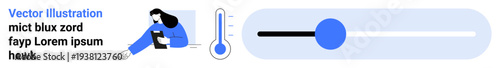 Digital tools, user interface, technology interaction, smart devices, temperature control, modern lifestyle. Woman holding a device near a thermometer and slider UI. Digital tools and user interface