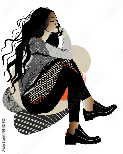 Modern Woman Sitting in Reflection Flat Vector Illustration for Lifestyle Branding, Career Coaching, and Mental Health Awareness Concepts