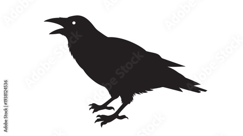 Crow silhouette with open beak and sharp claws, isolated on a white background, ready for graphic design elements.