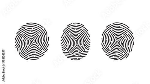 Three black line art fingerprint icons with distinct ridge patterns against a white background for identity verification.