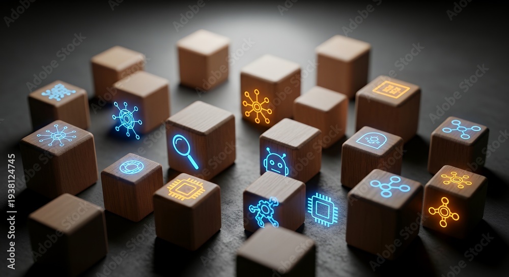 Obraz premium Numerous small wooden cubes illuminated with glowing artificial intelligence and technology icons.
