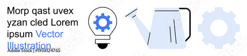 Business growth, innovation, idea development, teamwork, resource allocation, process efficiency. Gear inside light bulb and a watering can. Business growth and innovation concept