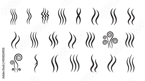Smoke and steam icons with various wavy lines and swirls on a white background, representing heat or scent.