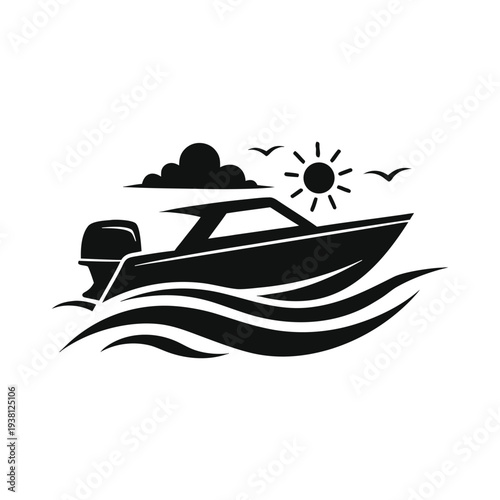 Black and white boat with waves and sun motorboat water