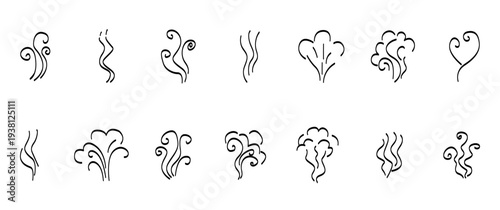 
Set of smoke and steam icons. Linear drawing of air, aroma or wind, drawn by hand. Waves of food aroma. Black and white illustration.