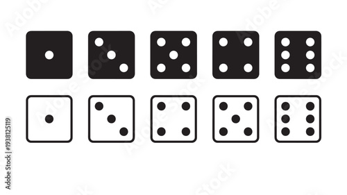 Dice icon set showing numbers one through six with both solid black and outlined white dot variations for variety
