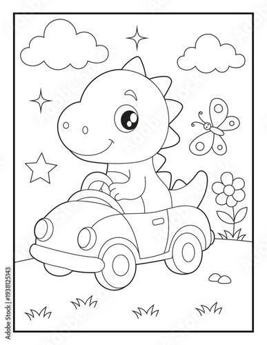 Wallpaper Mural Cute Dinosaur Driving Car Coloring Page for Kids.  Simple Cartoon Animal Line Art Printable Coloring Sheet for Children. Torontodigital.ca