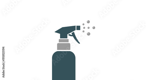 Dark blue spray bottle with nozzle spraying droplets on white background.