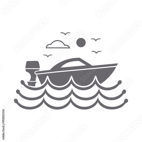 Gray motorboat sailing on wavy water with birds and sun waves