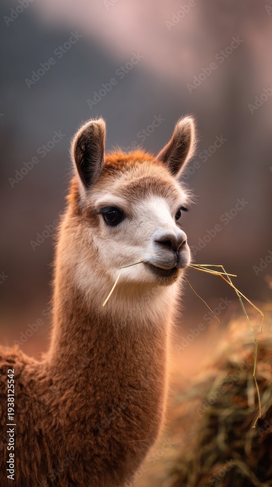 Fototapeta premium A close-up of a llama with straw in its mouth, set against a soft, blurred background