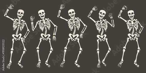 Five cartoon skeletons joyfully dancing and waving their arms