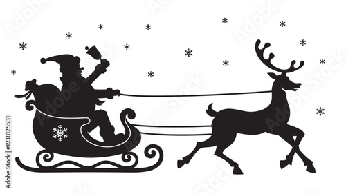 Silhouette of Santa Claus in a sleigh pulled by a reindeer with snowflakes falling around them in a festive winter scene.