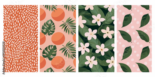 Four vibrant panels displaying tropical fruits leaves and patterned backgrounds