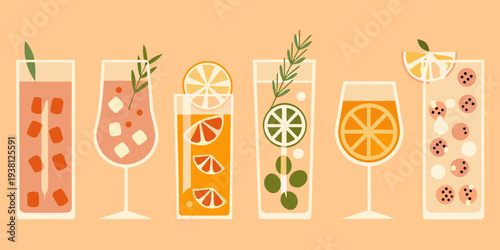 A collection of six colorful summer cocktails with fruit and herbs