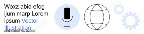 Voice recognition, global communication, technology, artificial intelligence, machine learning, and system settings. Features a microphone, globe and gear icons. Voice recognition and global