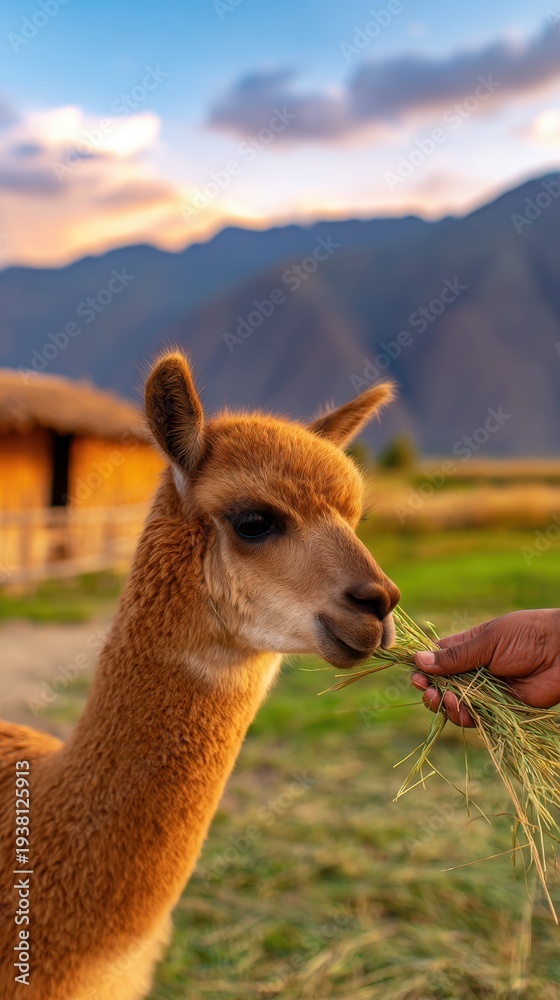 Obraz premium A young llama being fed fresh hay by a hand, surrounded by a serene mountain landscape