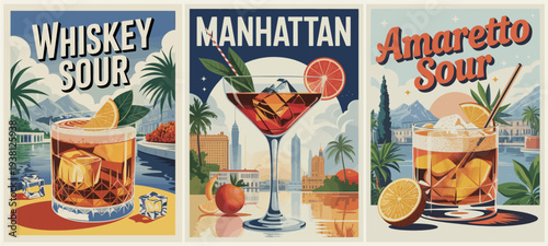 Three retro travel posters featuring Whiskey Sour, Manhattan, and Amaretto Sour cocktails, with stylized cityscapes, landscapes, and warm, inviting color palettes.