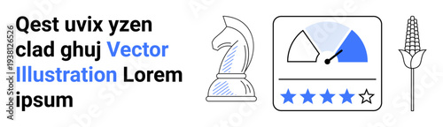 Business strategy, performance evaluation, agriculture, growth potential, productivity analysis, rating systems. Chess knight, performance meter star ratings corn illustration. Business strategy