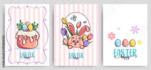 Easter Cards, Bunny, Cake, Eggs Cartoon Set