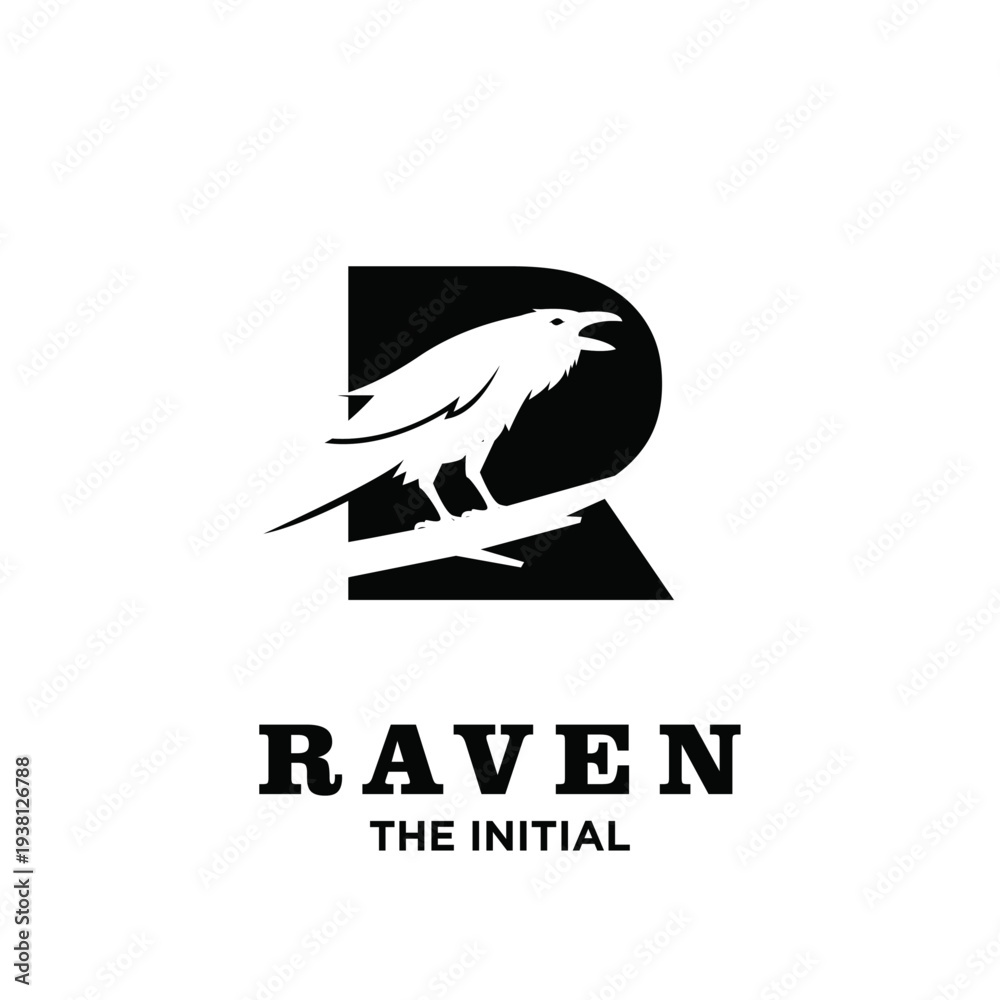 Naklejka premium Modern Black and White Raven Bird Silhouette Perched on Initial Letter R Logo Design Concept