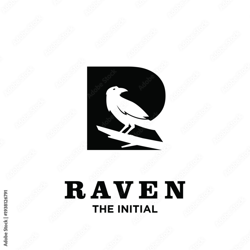 Obraz premium Minimalist Raven Bird Silhouette Perched on Branch Logo with Initial Letter R Design