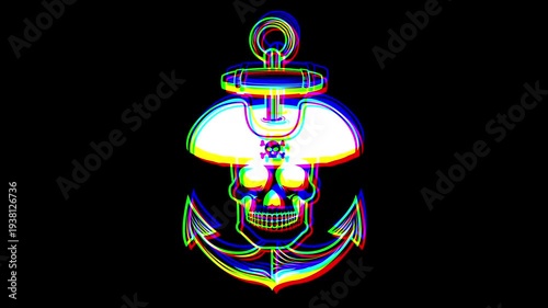 Animated nautical skull wearing a sailor hat in front of an anchor featuring a vibrant digital glitch effect, chromatic aberration, and RGB shifts on a black background.