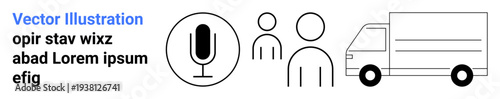Audio recording, logistics, teamwork, broadcasting, delivery services, communication . Minimalistic designs of a microphone, two human silhouettes and a delivery truck. Audio recording and logistics