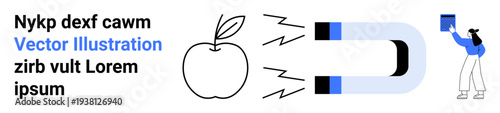 Marketing, education, influence, physics principles, customer retention, learning tools. A magnet attracts an apple and a person holding a document. Marketing and influence concepts