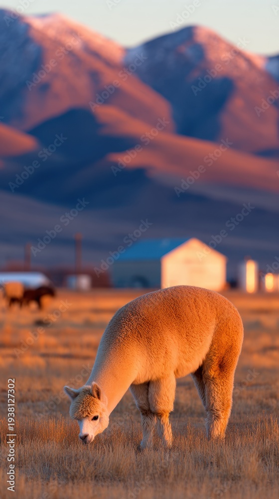 Obraz premium A serene scene featuring a grazing animal against a backdrop of mountains at sunset