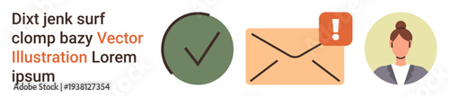Communication, email notification, user profile, digital messaging, approval process, online correspondence. Display of a checkmark, envelope with alert user profile. Communication and email