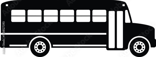 Black school bus silhouette side view isolated on white background, student transportation vehicle icon for education transport, travel mobility design