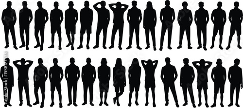 Group of people standing silhouette collection set featuring diverse men and women poses isolated for crowd, team, community concept vector illustration
