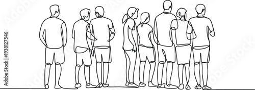 Group of people standing together back view continuous line drawing crowd gathering social interaction community teamwork outline vector illustration
