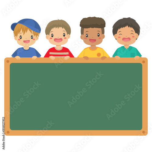 School boys holding an empty blackboard illustration. School students, kids cartoon vector.