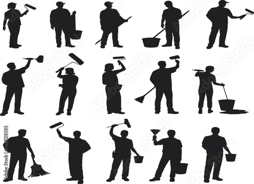 Collection of professional house painter and cleaner silhouettes with rollers, brushes, and buckets, vector illustration