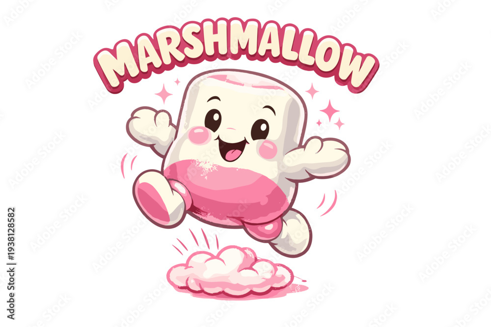 Fototapeta premium Happy marshmallow character jumping with MARSHMALLOW text