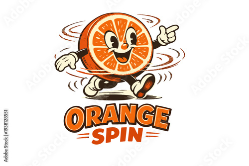 Vintage cartoon orange mascot with arms and legs spinning
