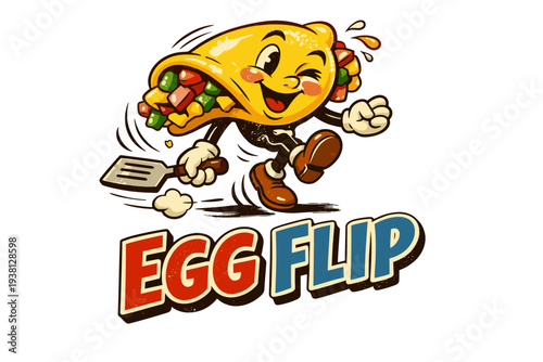 Retro omelette mascot with spatula flipping, 'Egg Flip' text