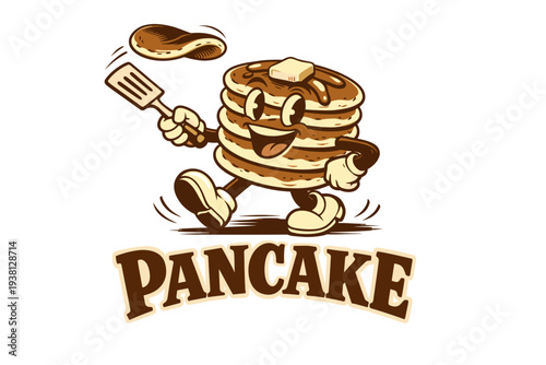 Retro pancake character with spatula flipping a pancake