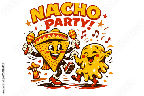 Retro nachos and cheese characters dancing to music at a party