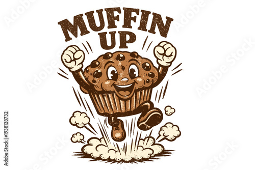 Retro muffin character with arms up and text "Muffin Up"