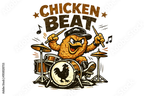Retro chicken character plays drums in rock band style