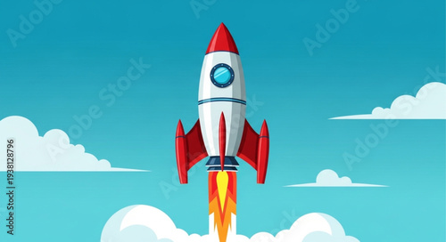 Cartoon rocket ship blasting off into the sky with clouds.