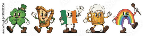 St patricks day cartoon mascot characters with shamrock, harp irish flag, beer mug and rainbow in vintage retro style for festive holiday design